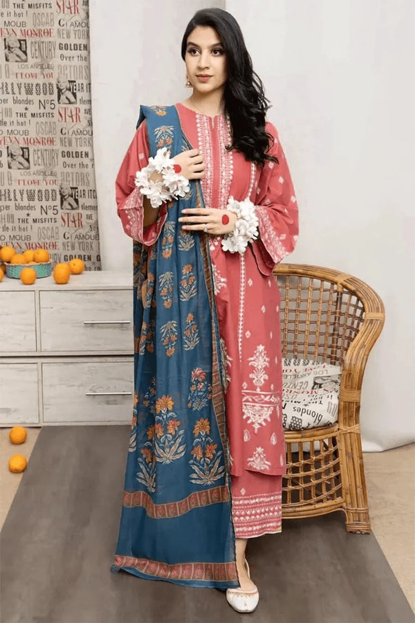 AISLING - 3PC UNSTITCHED DHANAK EMBROIDERED SUIT WITH DIGITAL PRINTED SHAWL D#2008