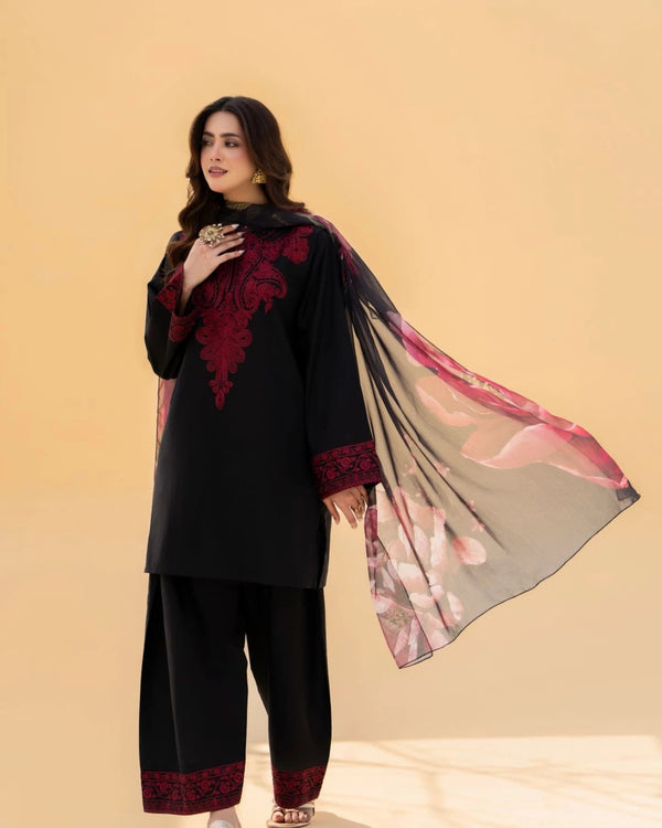 ZAROON- 3PC UNSTITCHED DHANAK EMBROIDERED SUIT WITH DIGITAL PRINTED SHAWL D#2049