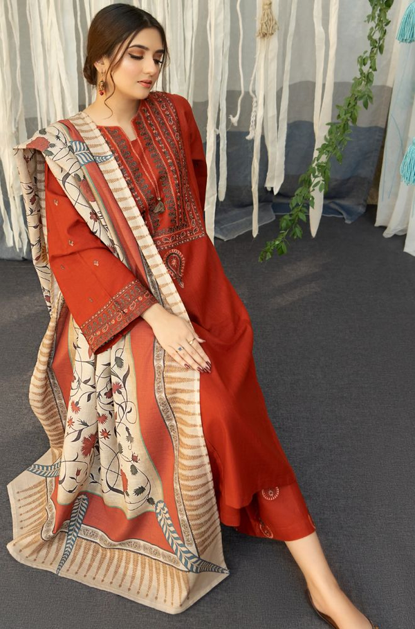 URGE - 3PC UNSTITCHED DHANAK EMBROIDERED SUIT WITH DIGITAL PRINTED SHAWL D#2052