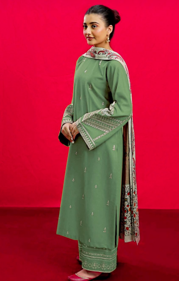 URGE - 3PC UNSTITCHED DHANAK EMBROIDERED SUIT WITH DIGITAL PRINTED SHAWL D#2006