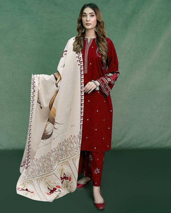 URGE - 3PC UNSTITCHED DHANAK EMBROIDERED SUIT WITH DIGITAL PRINTED SHAWL D#2020