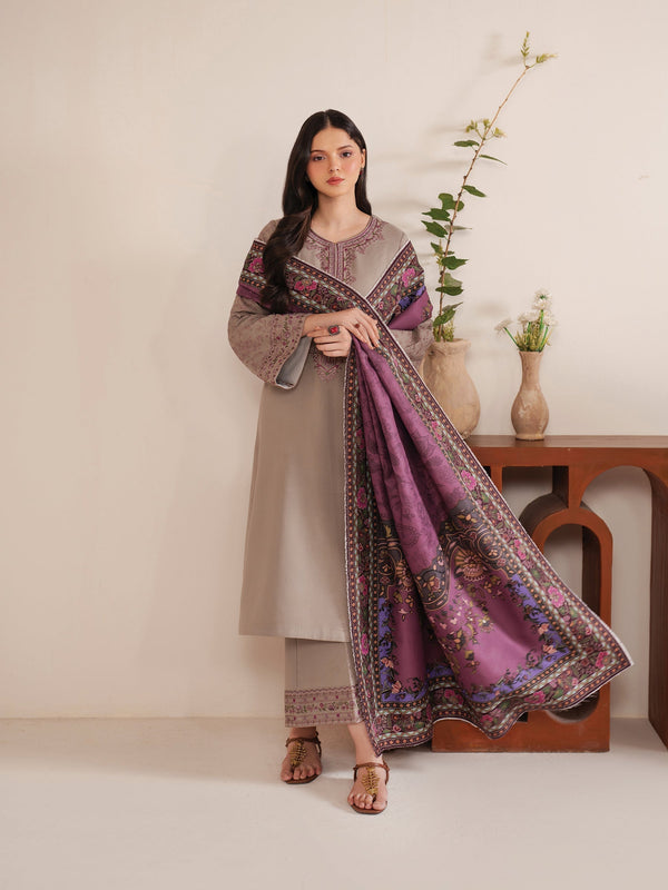 JAZMINE - 3PC UNSTITCHED DHANAK EMBROIDERED SUIT WITH DIGITAL PRINTED SHAWL D#2043