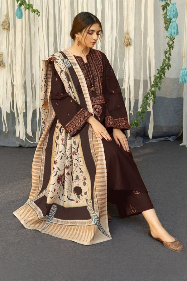 URGE - 3PC UNSTITCHED DHANAK EMBROIDERED SUIT WITH DIGITAL PRINTED SHAWL D#2051