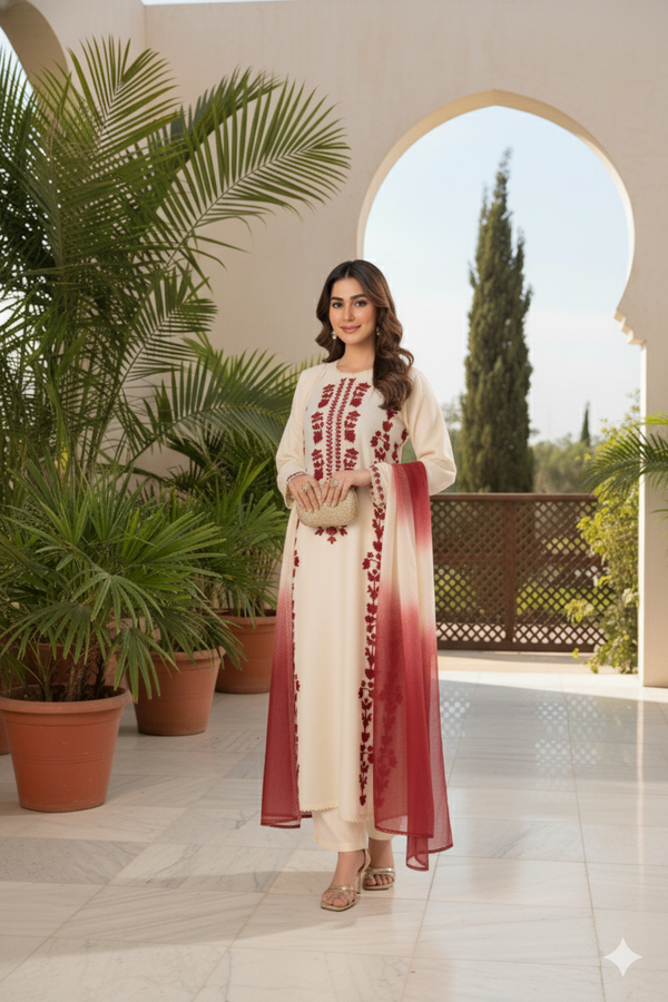 IZEL - 3PC UNSTITCHED DHANAK EMBROIDERED SUIT WITH DIGITAL PRINTED SHAWL D#2080