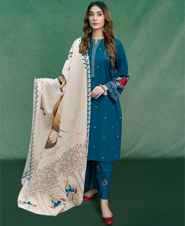 URGE - 3PC UNSTITCHED DHANAK EMBROIDERED SUIT WITH DIGITAL PRINTED SHAWL D#2022