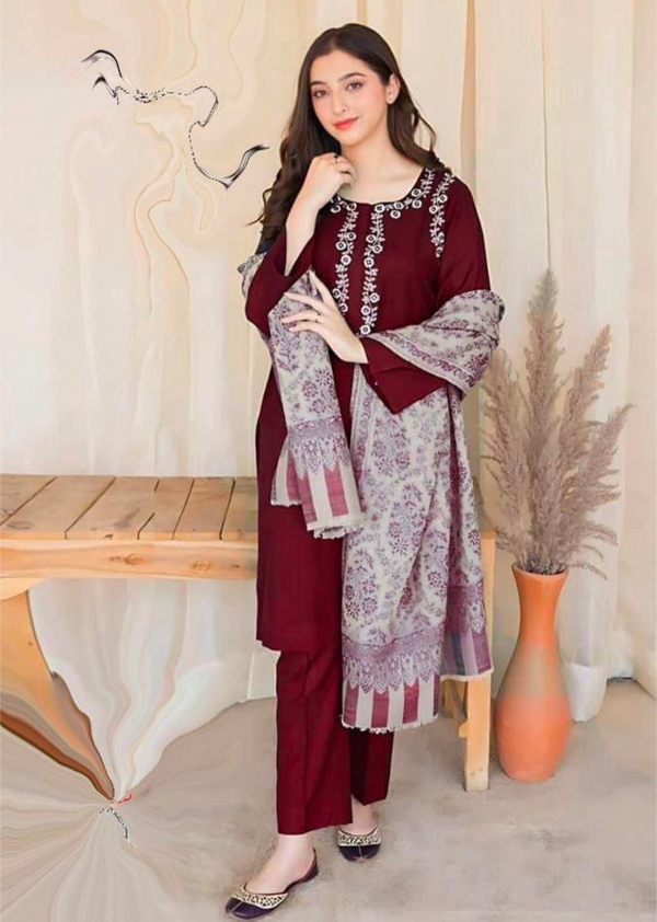 ASLING - 3PC UNSTITCHED DHANAK EMBROIDERED SUIT WITH DIGITAL PRINTED SHAWL D#2026