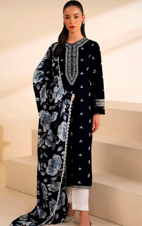 CROSS STITCH - 3PC UNSTITCHED DHANAK EMBROIDERED SUIT WITH DIGITAL PRINTED SHAWL D#2024