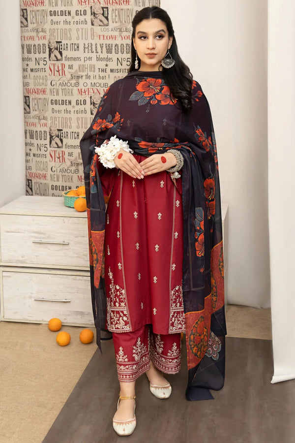 URGE - 3PC UNSTITCHED DHANAK EMBROIDERED SUIT WITH DIGITAL PRINTED SHAWL D#2014