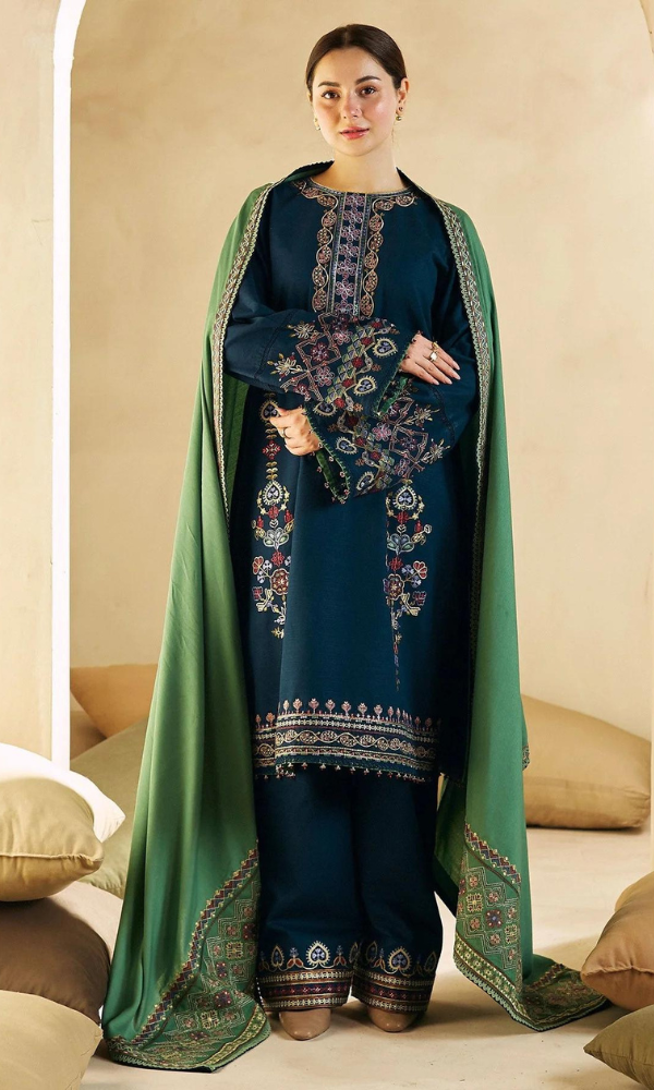 COCO - 3PC UNSTITCHED DHANAK EMBROIDERED SUIT WITH HEAVY EMBROIDERED SHAWL D#2067