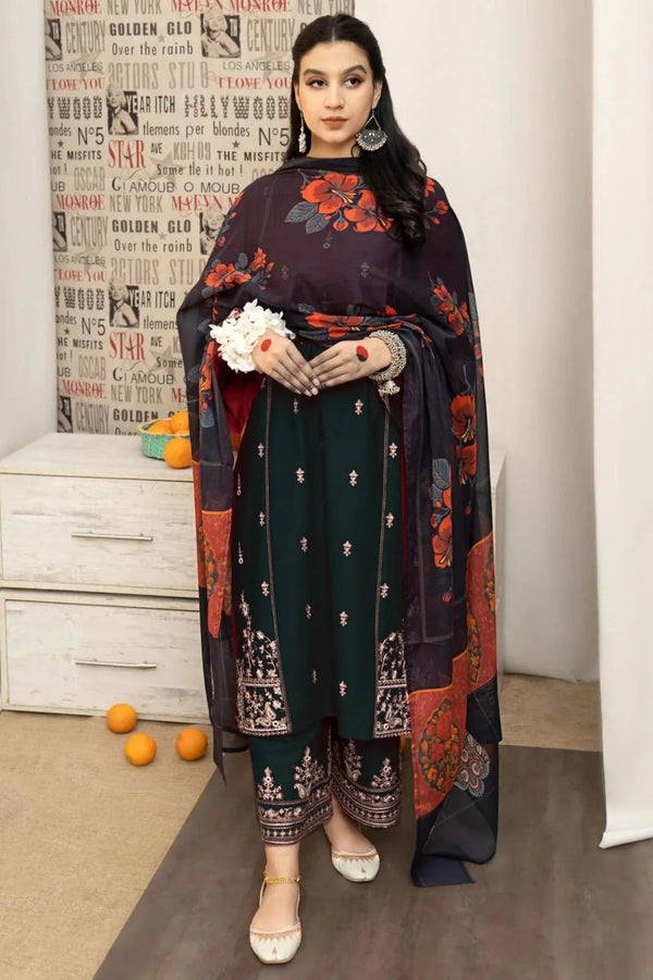 URGE - 3PC UNSTITCHED DHANAK EMBROIDERED SUIT WITH DIGITAL PRINTED SHAWL D#2012