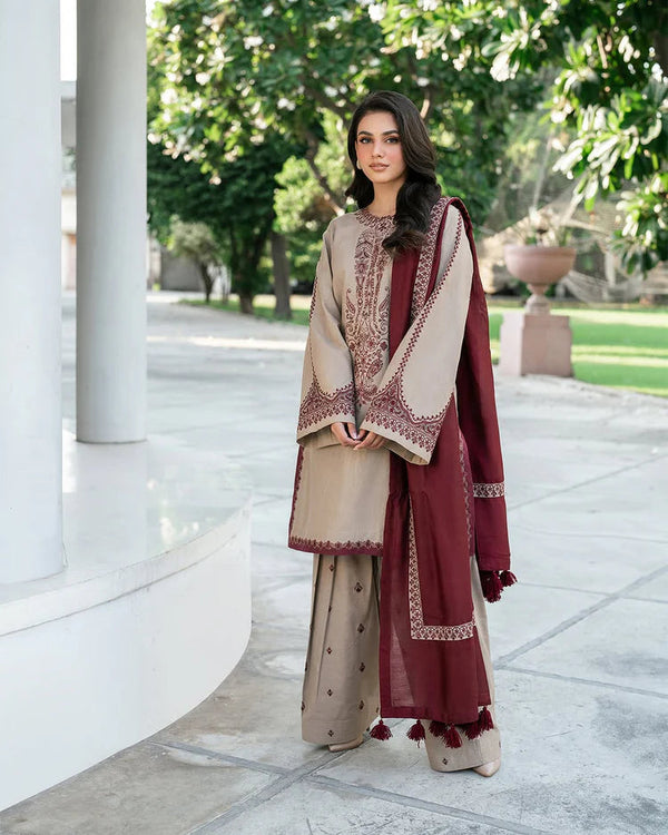 BAREEZE - 3PC UNSTITCHED DHANAK EMBROIDERED SUIT WITH HEAVY EMBROIDERED SHAWL D#2072