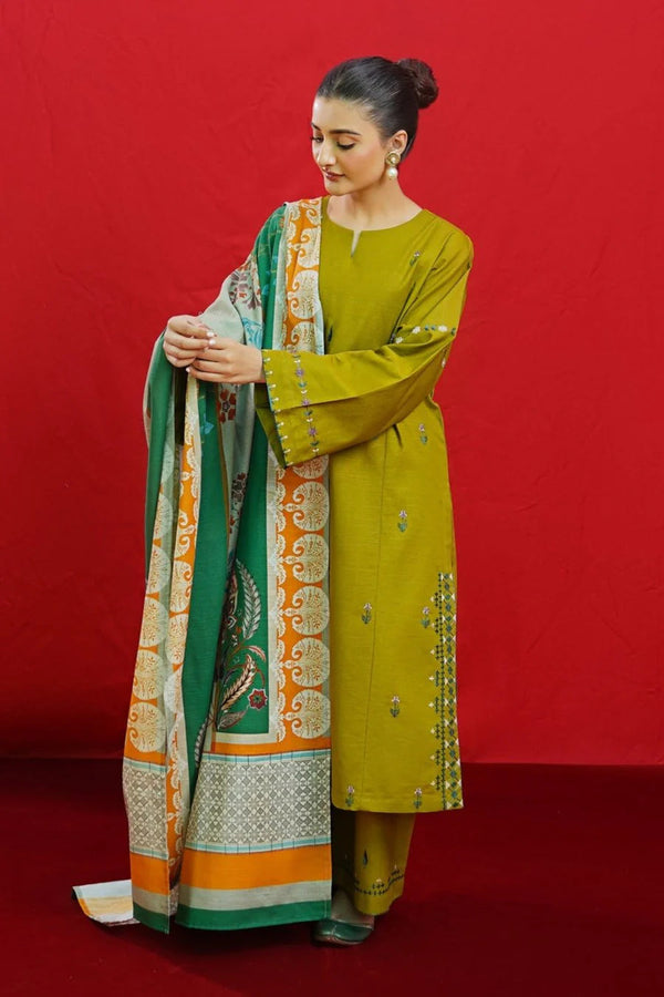URGE - 3PC UNSTITCHED DHANAK EMBROIDERED SUIT WITH DIGITAL PRINTED SHAWL D#2053
