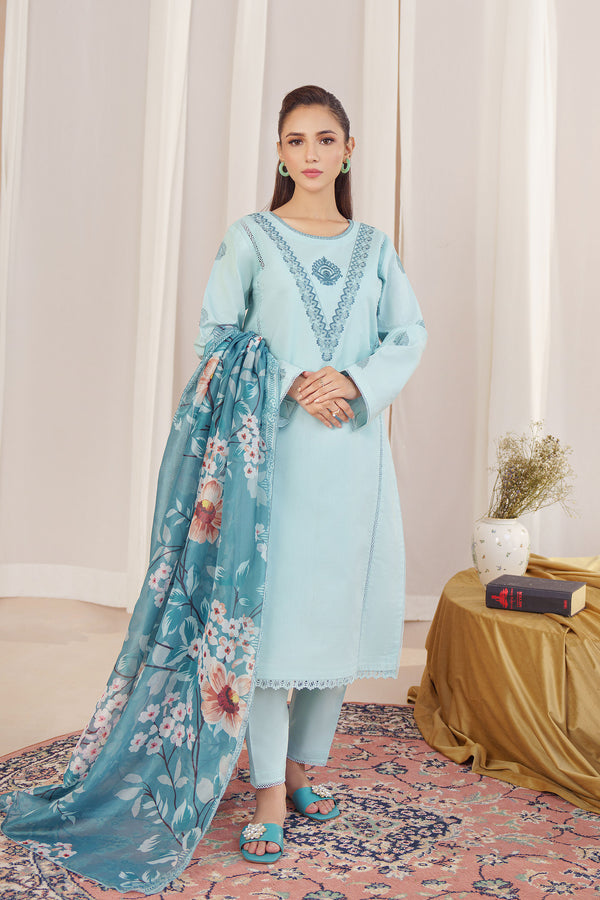 ZIVA - 3PC UNSTITCHED DHANAK EMBROIDERED SUIT WITH DIGITAL PRINTED SHAWL D#2055